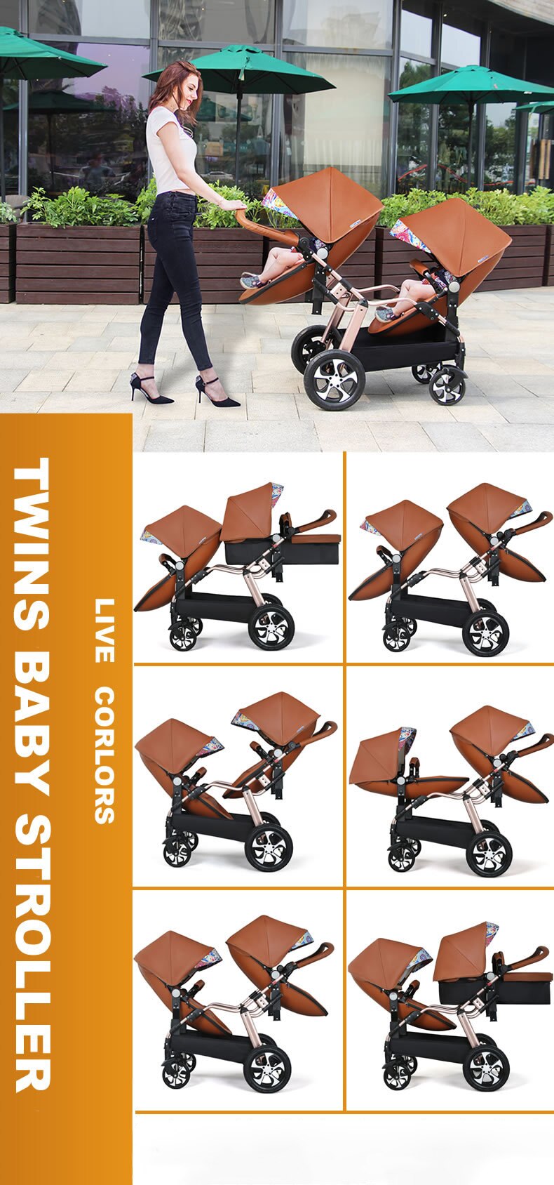 Free Shipping 3in1 Luxury Twin Baby Stroller High Landscape Pram Folding Carriage PU Leather Pram