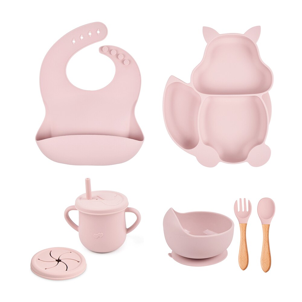 4/6/8 PCS Baby Soft Silicone Sucker Bowl Plate Cup Bibs Spoon Fork Sets Non-slip Tableware Children's Feeding Dishes BPA Free