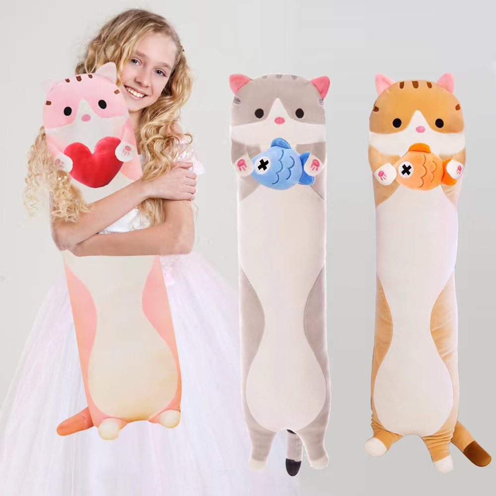 50cm New Long Cat Plush Pillow With Fish Heart Kawaii Soft Stuffed Toy Plushie Squishy Kitten Cushion Birthday Gifts For Girls