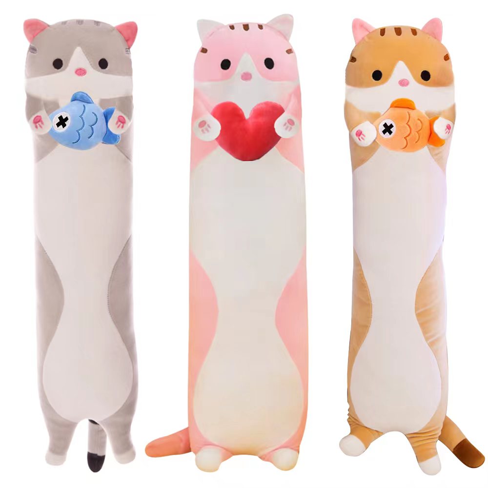50cm New Long Cat Plush Pillow With Fish Heart Kawaii Soft Stuffed Toy Plushie Squishy Kitten Cushion Birthday Gifts For Girls