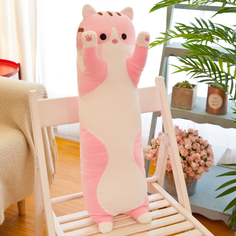 50cm New Long Cat Plush Pillow With Fish Heart Kawaii Soft Stuffed Toy Plushie Squishy Kitten Cushion Birthday Gifts For Girls