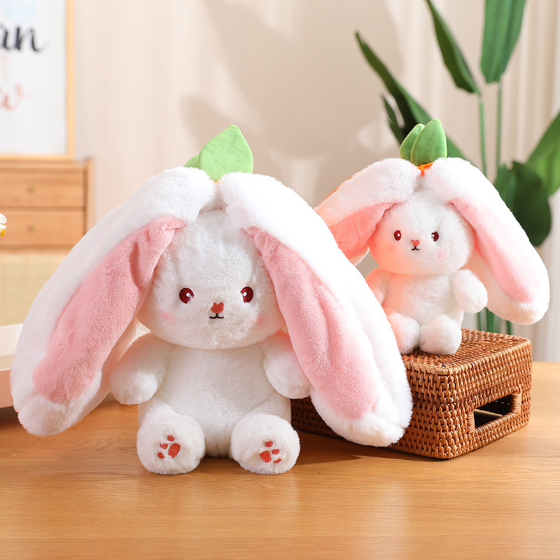 New Cosplay Strawberry Carrot Rabbit Plush Toy Stuffed Creative Bag Into Fruit Transform Baby Cuddly Bunny Plushie Doll for Kids