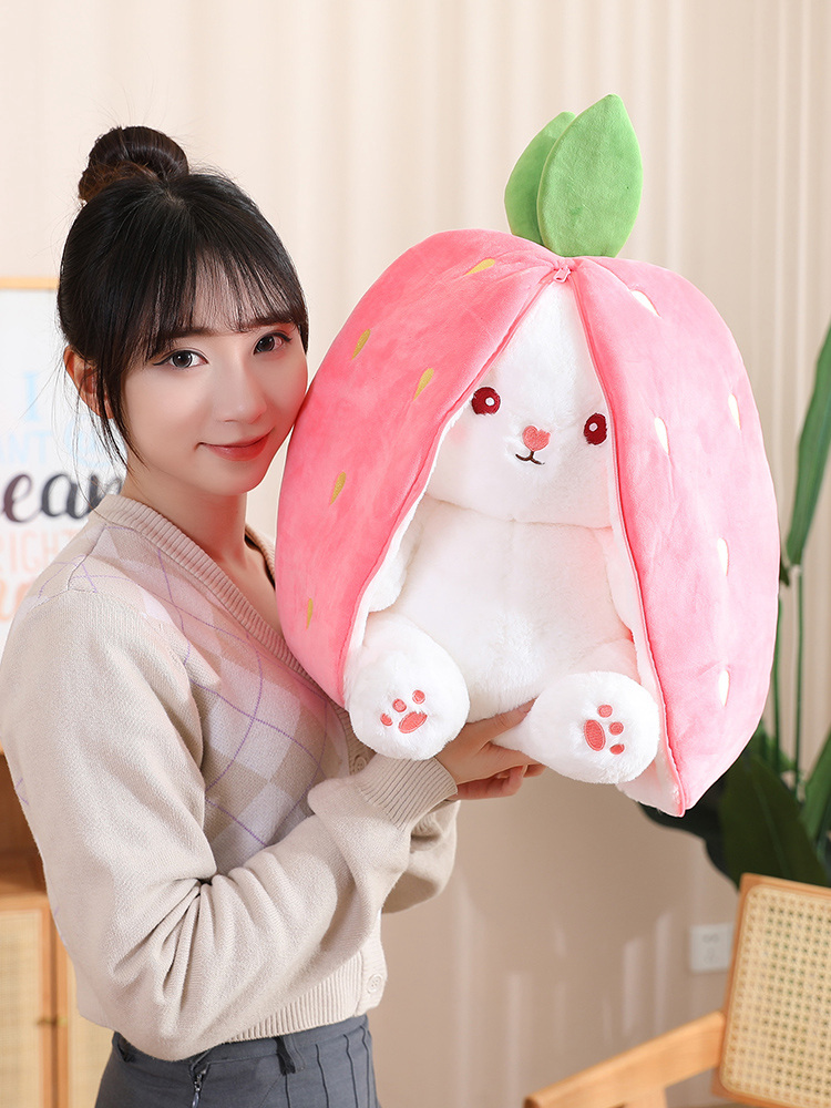 New Cosplay Strawberry Carrot Rabbit Plush Toy Stuffed Creative Bag Into Fruit Transform Baby Cuddly Bunny Plushie Doll for Kids