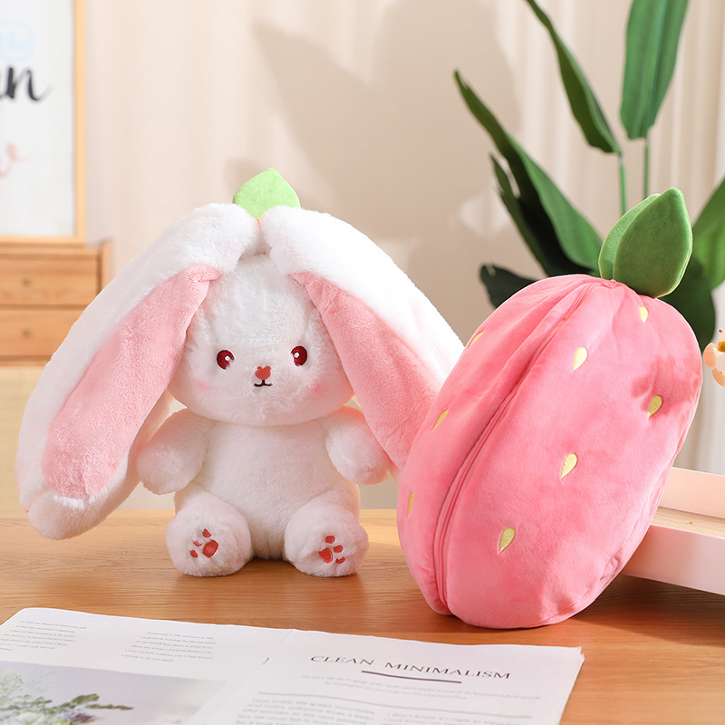 New Cosplay Strawberry Carrot Rabbit Plush Toy Stuffed Creative Bag Into Fruit Transform Baby Cuddly Bunny Plushie Doll for Kids