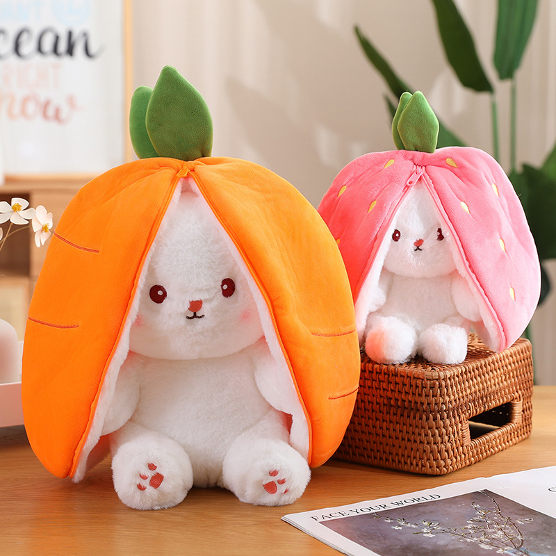 New Cosplay Strawberry Carrot Rabbit Plush Toy Stuffed Creative Bag Into Fruit Transform Baby Cuddly Bunny Plushie Doll for Kids