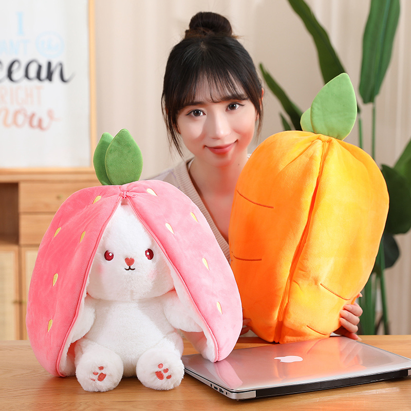 New Cosplay Strawberry Carrot Rabbit Plush Toy Stuffed Creative Bag Into Fruit Transform Baby Cuddly Bunny Plushie Doll for Kids