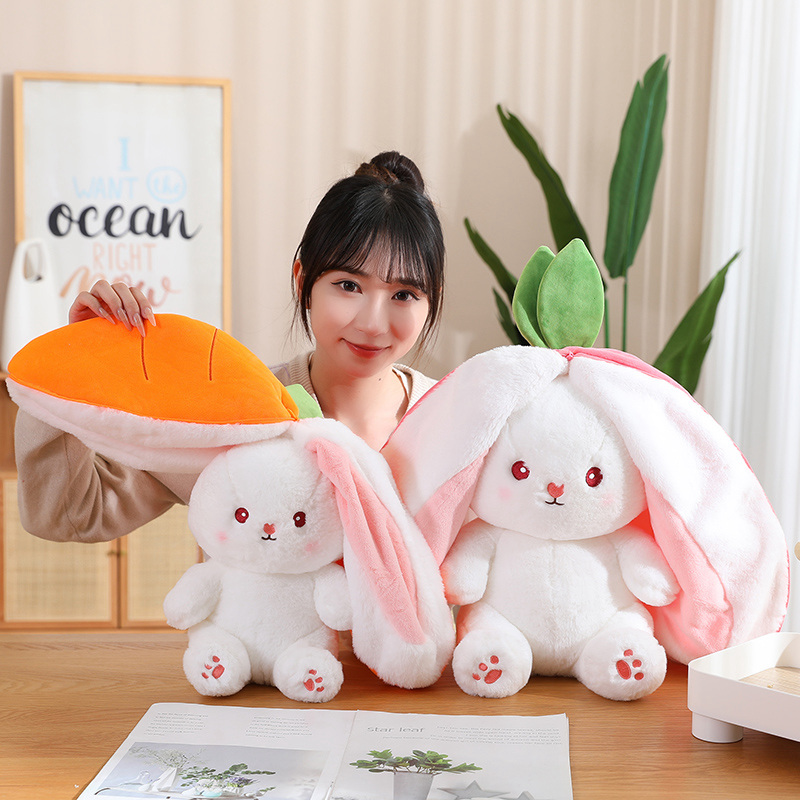 New Cosplay Strawberry Carrot Rabbit Plush Toy Stuffed Creative Bag Into Fruit Transform Baby Cuddly Bunny Plushie Doll for Kids