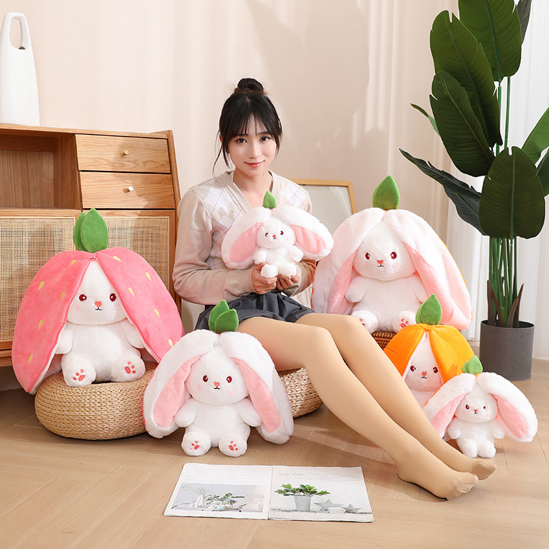 New Cosplay Strawberry Carrot Rabbit Plush Toy Stuffed Creative Bag Into Fruit Transform Baby Cuddly Bunny Plushie Doll for Kids