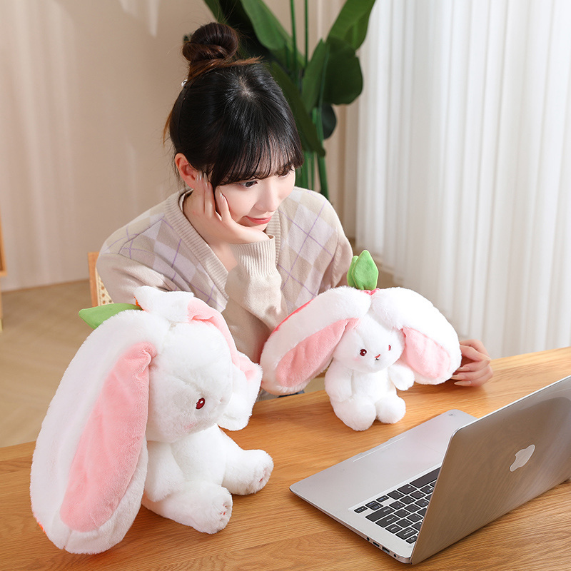 New Cosplay Strawberry Carrot Rabbit Plush Toy Stuffed Creative Bag Into Fruit Transform Baby Cuddly Bunny Plushie Doll for Kids