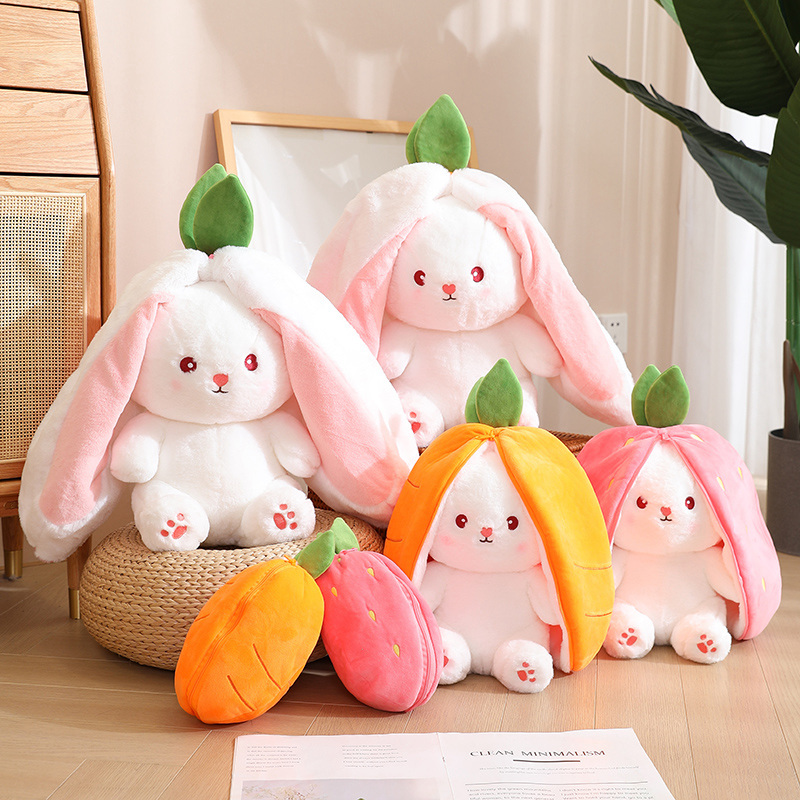 New Cosplay Strawberry Carrot Rabbit Plush Toy Stuffed Creative Bag Into Fruit Transform Baby Cuddly Bunny Plushie Doll for Kids