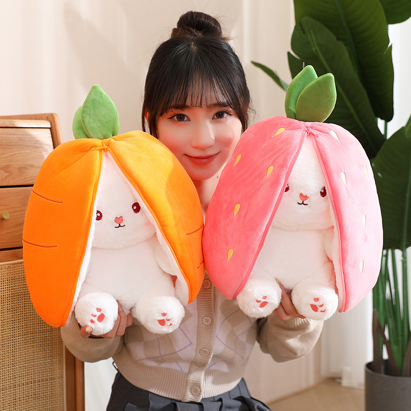 New Cosplay Strawberry Carrot Rabbit Plush Toy Stuffed Creative Bag Into Fruit Transform Baby Cuddly Bunny Plushie Doll for Kids
