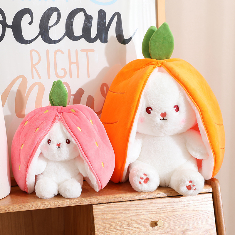 New Cosplay Strawberry Carrot Rabbit Plush Toy Stuffed Creative Bag Into Fruit Transform Baby Cuddly Bunny Plushie Doll for Kids