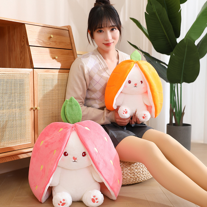 New Cosplay Strawberry Carrot Rabbit Plush Toy Stuffed Creative Bag Into Fruit Transform Baby Cuddly Bunny Plushie Doll for Kids