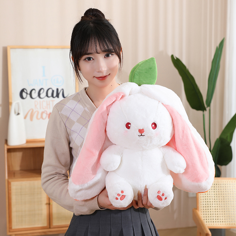 New Cosplay Strawberry Carrot Rabbit Plush Toy Stuffed Creative Bag Into Fruit Transform Baby Cuddly Bunny Plushie Doll for Kids