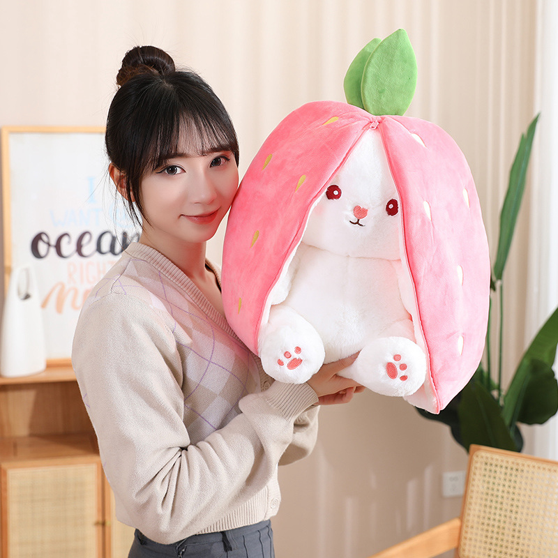 New Cosplay Strawberry Carrot Rabbit Plush Toy Stuffed Creative Bag Into Fruit Transform Baby Cuddly Bunny Plushie Doll for Kids