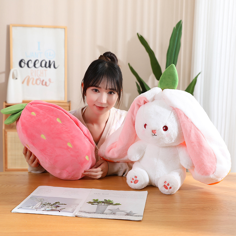 New Cosplay Strawberry Carrot Rabbit Plush Toy Stuffed Creative Bag Into Fruit Transform Baby Cuddly Bunny Plushie Doll for Kids