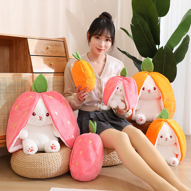 New Cosplay Strawberry Carrot Rabbit Plush Toy Stuffed Creative Bag Into Fruit Transform Baby Cuddly Bunny Plushie Doll for Kids