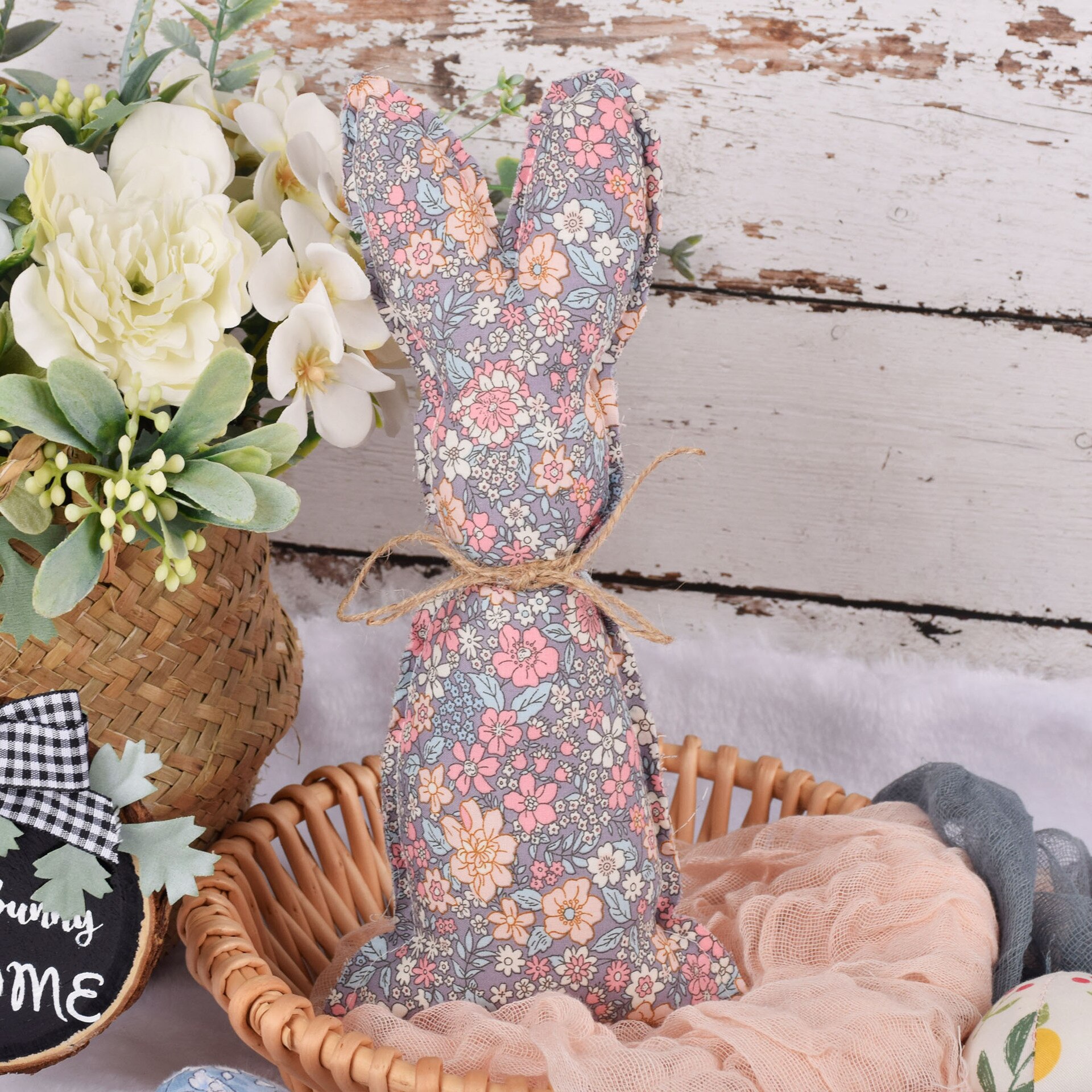 2pcs Farmhouse Easter Decor Stuffed Easter Bunnies Rustic Fabric Spring Cloth Bunny Rabbit Decoration for Easter Home Tray Decor