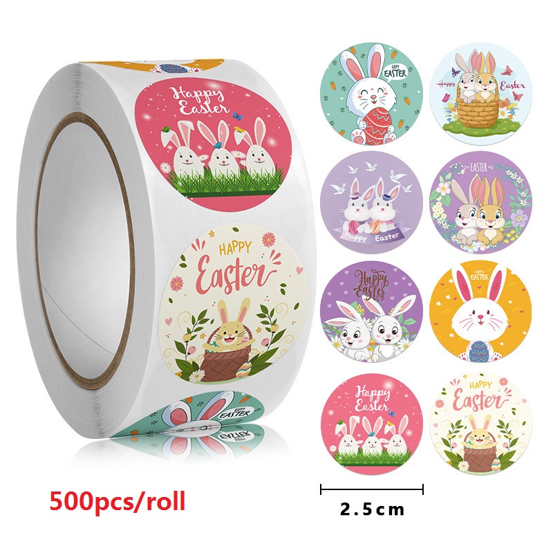 100-500 adet 2.5cm paskalya Sticker &ccedil;ocuklar mutlu paskalya tavşanı yumurta karikat&uuml;r hediye sızdırmazlık etiketleri kağıt etiket bahar parti dekorasyon