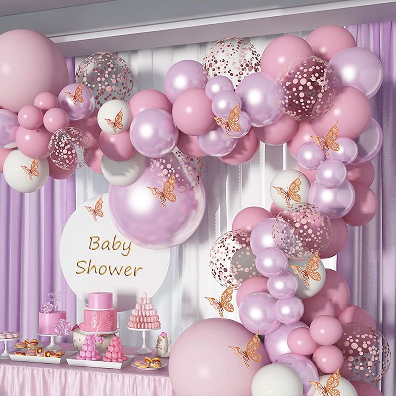 Pink Balloon Garland Arch Kit Butterfly Stickers Hot Pink Gold Latex Balloons for Birthday Wedding Party Baby Shower Decorations