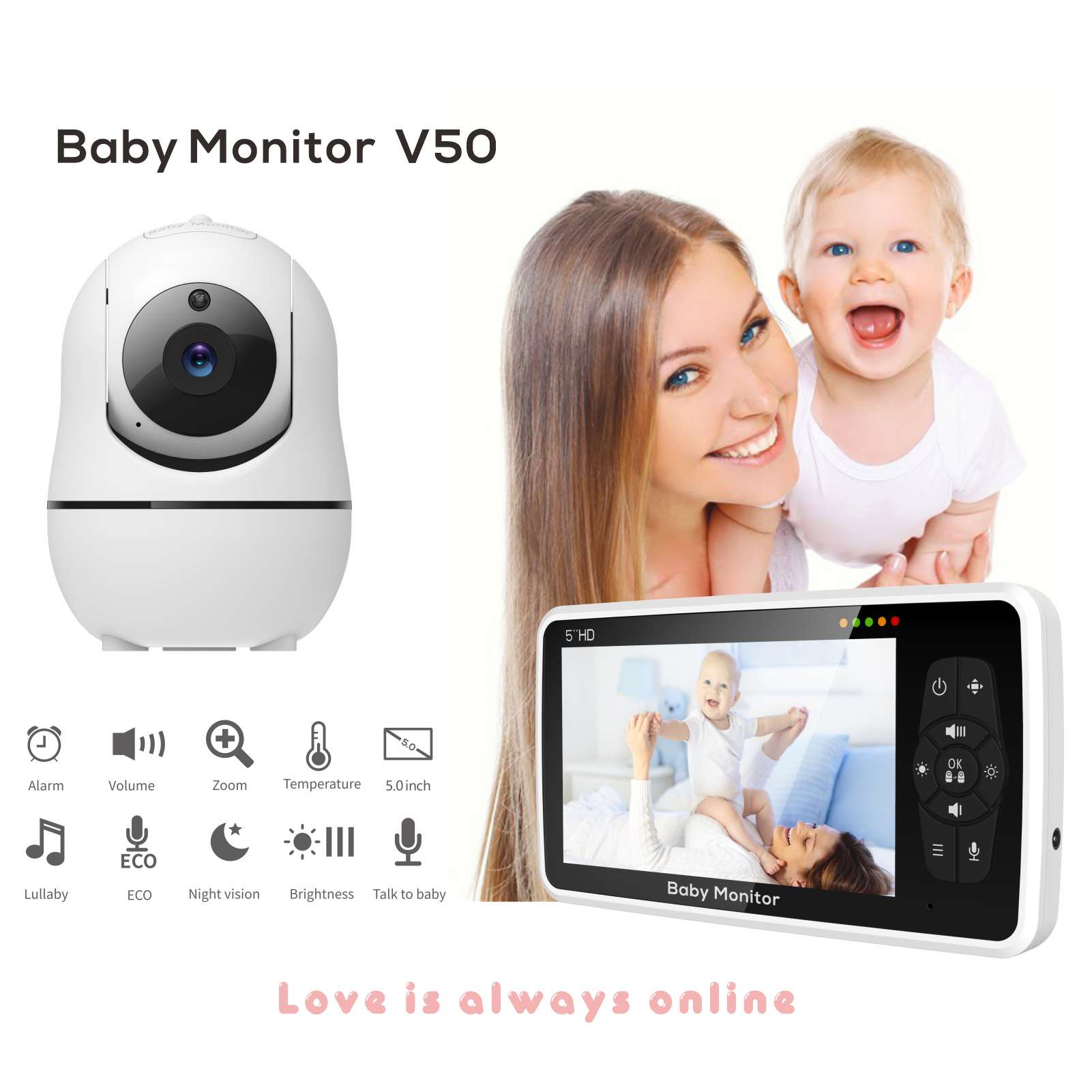 New 5 inch Video Baby Monitor with Camera and Audio, 4X Zoom, 22Hrs Battery, 1000ft Range 2-Way Audio Temperature Sensor Lullaby New 5 inch Video Baby Monitor with Camera and Audio, 4X Zoom, 22Hrs Battery, 1000ft Range 2-Way Audio Temperature Sensor Lullaby