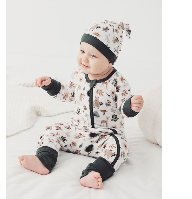 Bamboo Baby Romper Long Sleeve Double Zipper Onesie Bamboo Viscose Print Jumpsuit Baby Clothing 0-24M