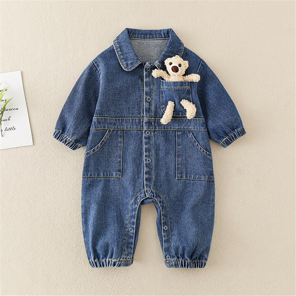 Denim Baby Boy Clothes print Infant Clothing bear doll Newborn Born Jumpsuit Clothing Kids Long Sleeve Rompers Tooling Style