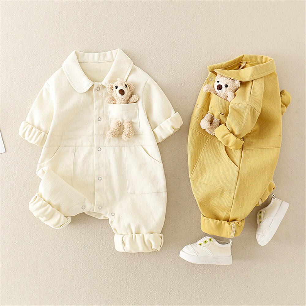 Denim Baby Boy Clothes print Infant Clothing bear doll Newborn Born Jumpsuit Clothing Kids Long Sleeve Rompers Tooling Style