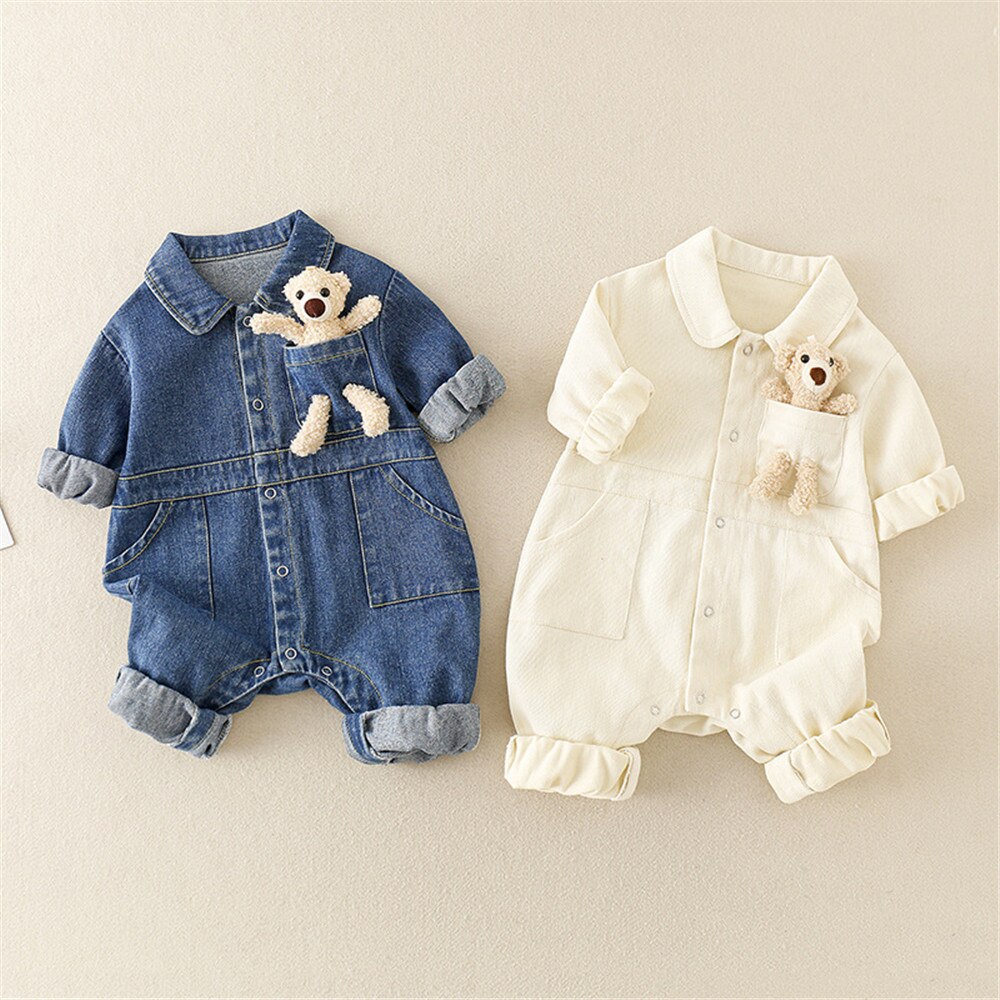 Denim Baby Boy Clothes print Infant Clothing bear doll Newborn Born Jumpsuit Clothing Kids Long Sleeve Rompers Tooling Style