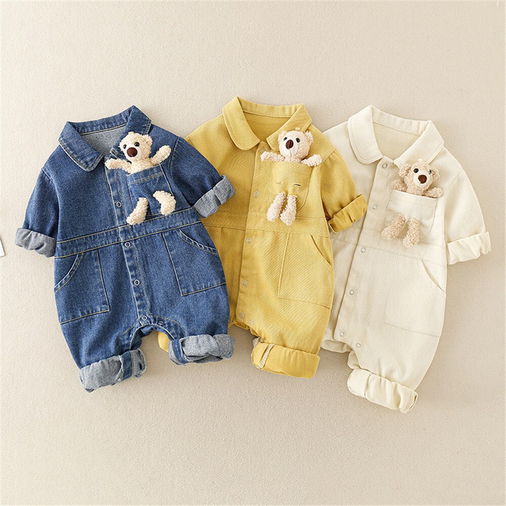 Denim Baby Boy Clothes print Infant Clothing bear doll Newborn Born Jumpsuit Clothing Kids Long Sleeve Rompers Tooling Style