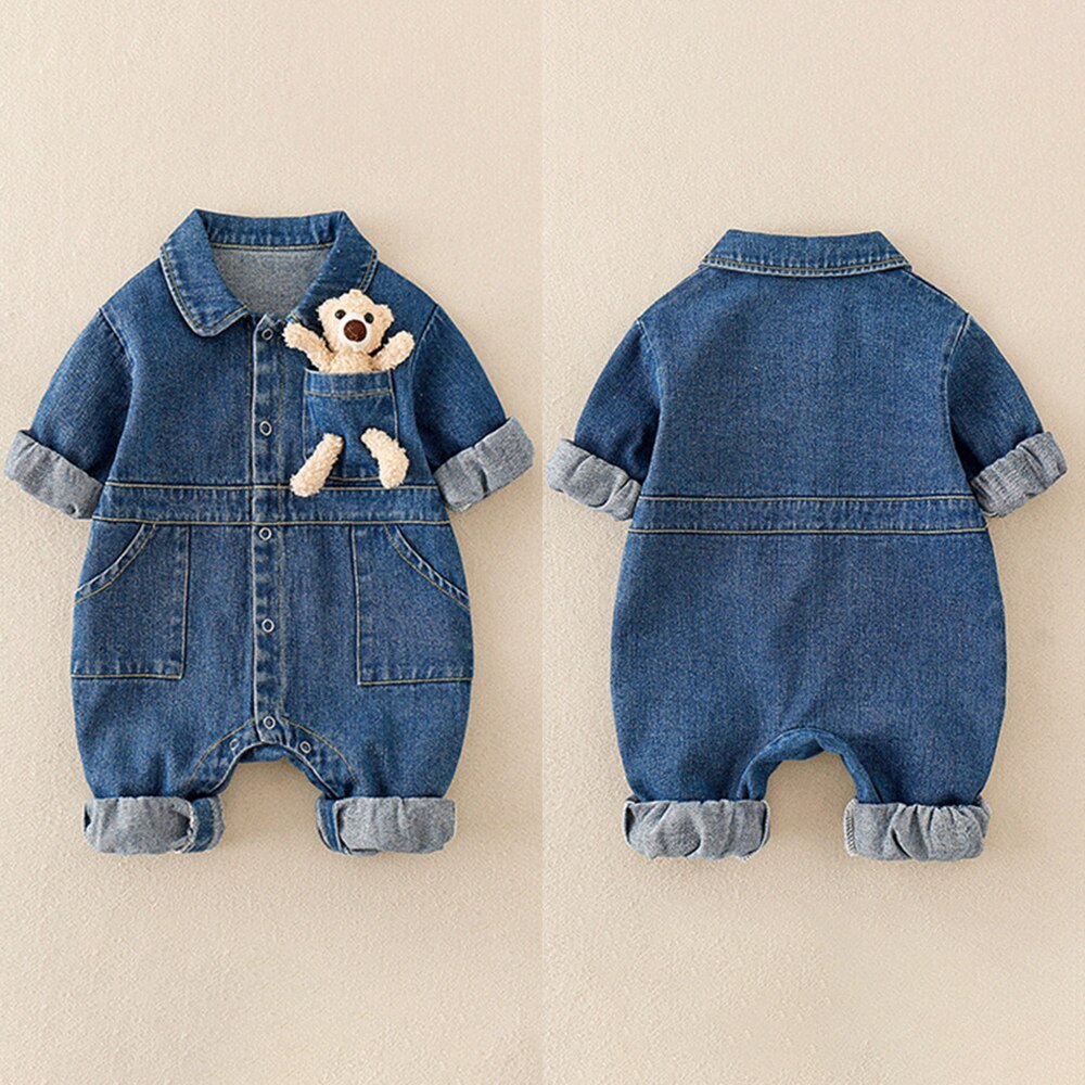 Denim Baby Boy Clothes print Infant Clothing bear doll Newborn Born Jumpsuit Clothing Kids Long Sleeve Rompers Tooling Style