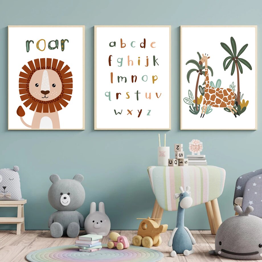 Animal Lion Giraffe Monkey ABC Child Poste Wall Art Canvas Painting Nursery Poster And Prints Wall Pictures Baby Kids Room D&eacute;cor