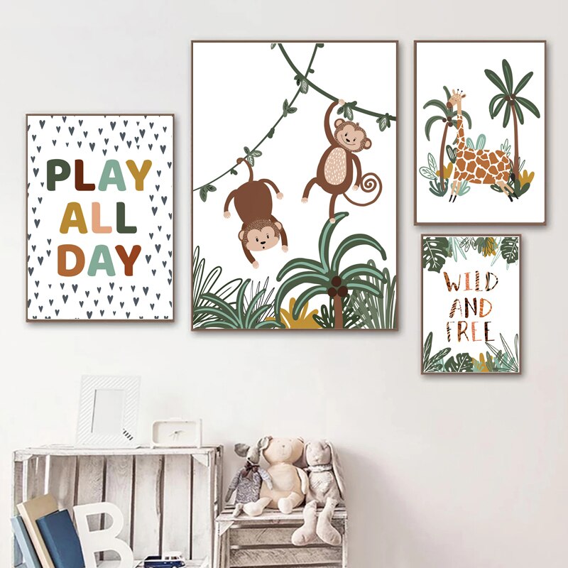 Animal Lion Giraffe Monkey ABC Child Poste Wall Art Canvas Painting Nursery Poster And Prints Wall Pictures Baby Kids Room D&eacute;cor