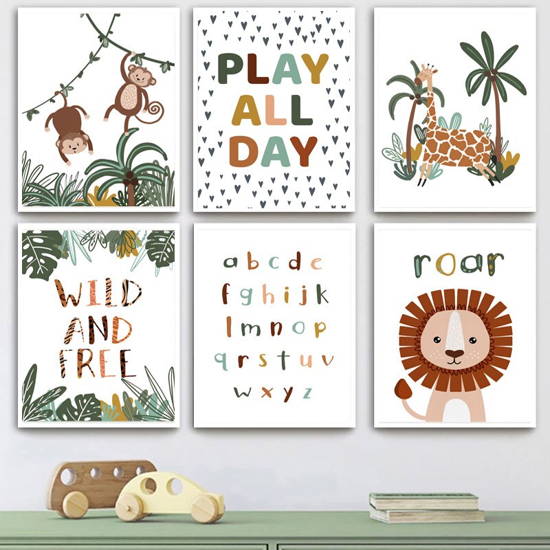 Animal Lion Giraffe Monkey ABC Child Poste Wall Art Canvas Painting Nursery Poster And Prints Wall Pictures Baby Kids Room D&eacute;cor