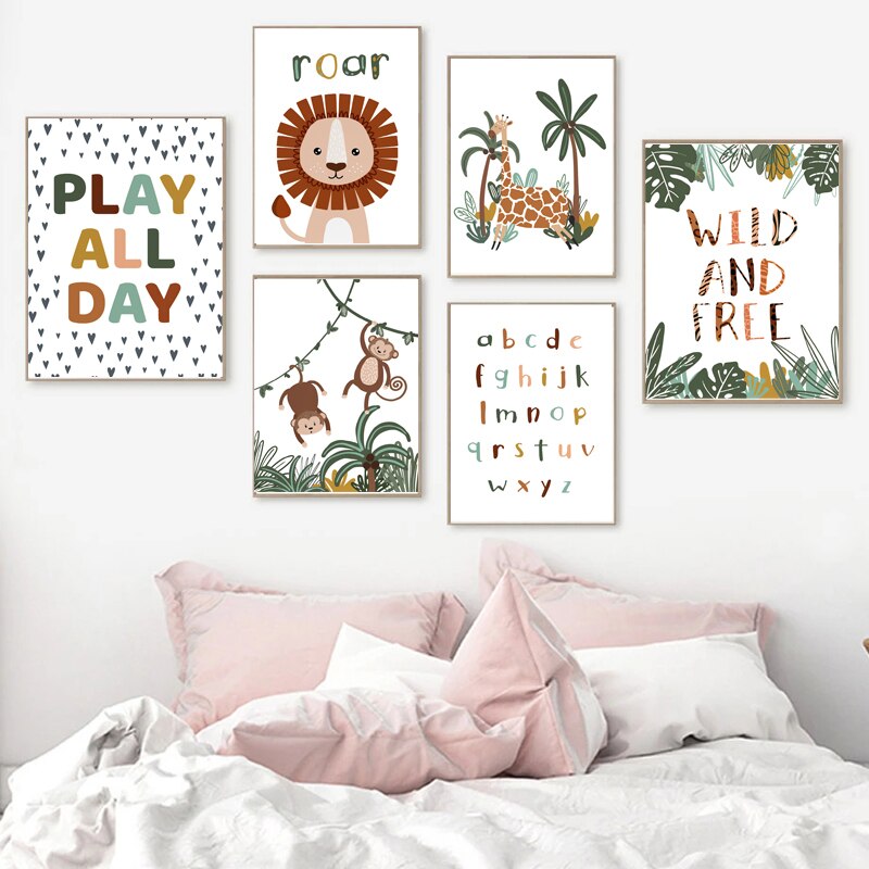 Animal Lion Giraffe Monkey ABC Child Poste Wall Art Canvas Painting Nursery Poster And Prints Wall Pictures Baby Kids Room D&eacute;cor