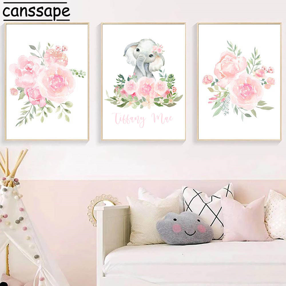 Flowers Custom Name Canvas Painting Elephant Art Print Nursery Wall Art Poster Nordic Posters And Prints Baby Room Decoration
