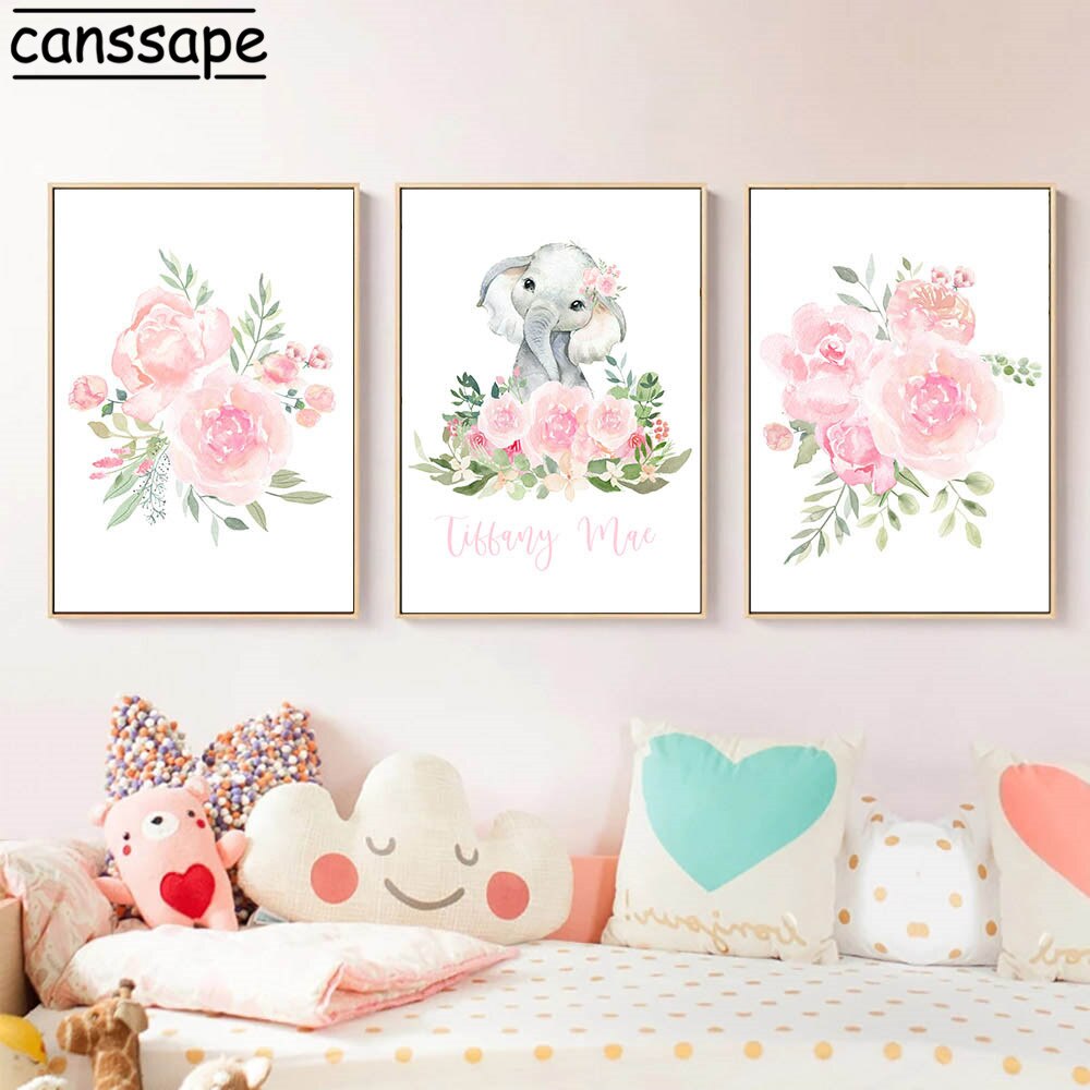 Flowers Custom Name Canvas Painting Elephant Art Print Nursery Wall Art Poster Nordic Posters And Prints Baby Room Decoration Flowers Custom Name Canvas Painting Elephant Art Print Nursery Wall Art Poster Nordic Posters And Prints Baby Room Decoration