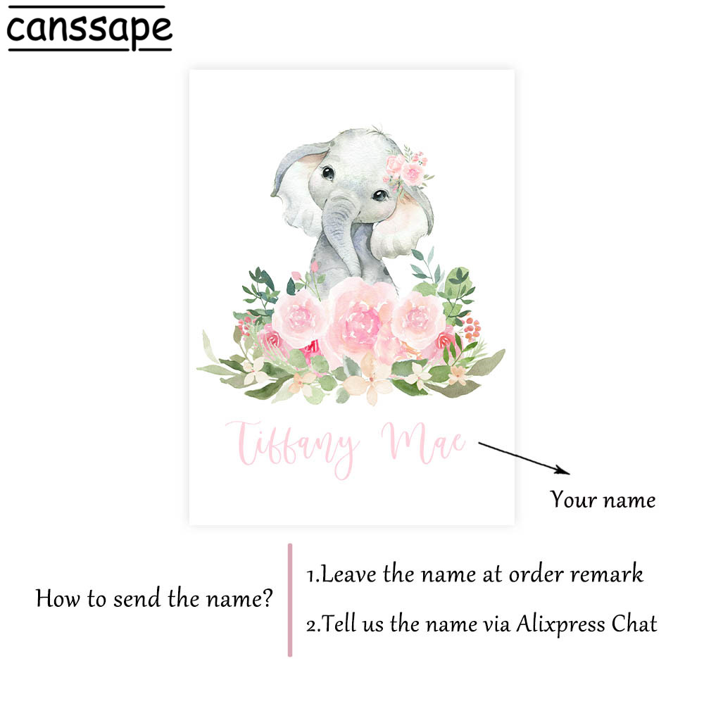 Flowers Custom Name Canvas Painting Elephant Art Print Nursery Wall Art Poster Nordic Posters And Prints Baby Room Decoration