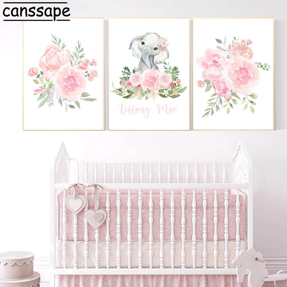 Flowers Custom Name Canvas Painting Elephant Art Print Nursery Wall Art Poster Nordic Posters And Prints Baby Room Decoration Flowers Custom Name Canvas Painting Elephant Art Print Nursery Wall Art Poster Nordic Posters And Prints Baby Room Decoration
