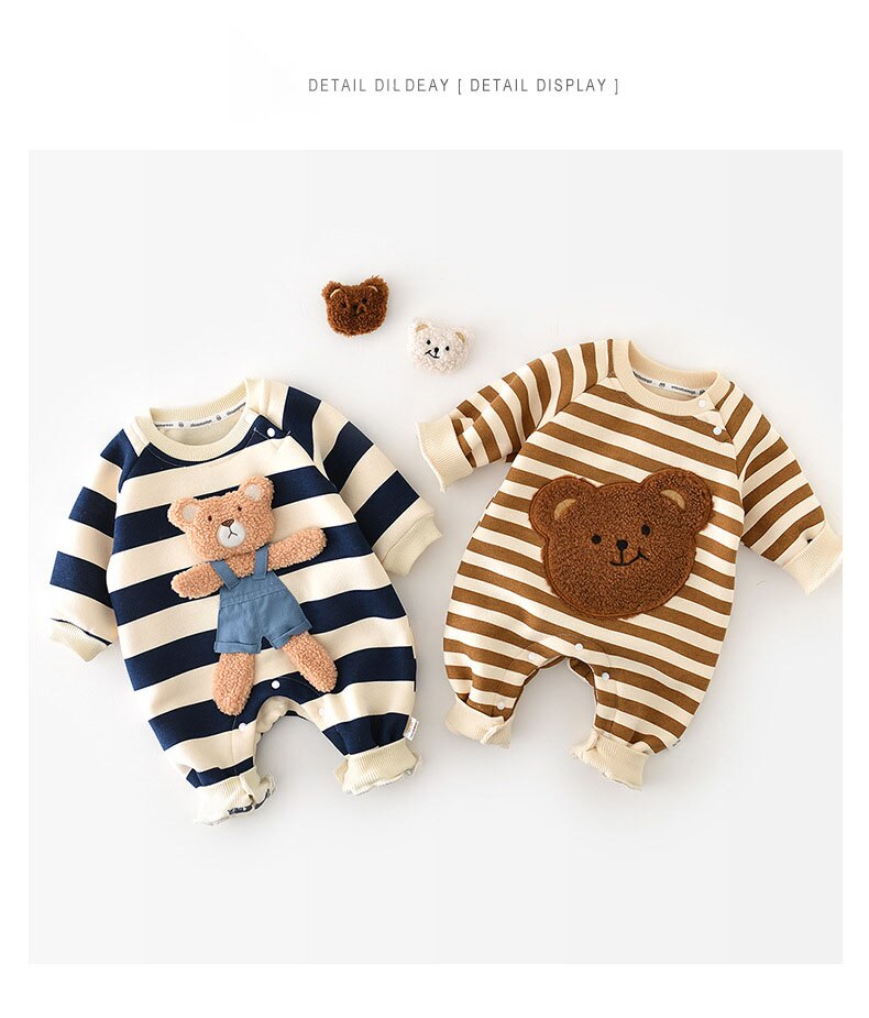 MILANCEL Winter Baby Rompers Thicken Lining Boys Clothes Striped Girls Jumpsuits Bear Outfit