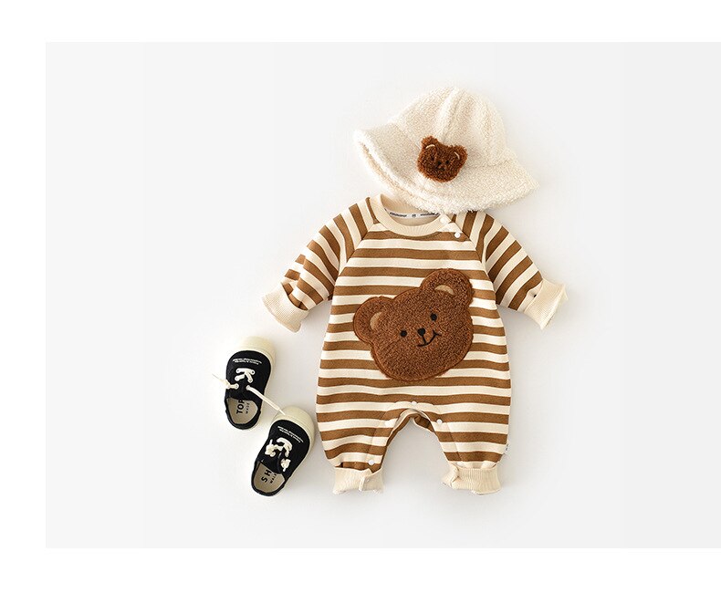 MILANCEL Winter Baby Rompers Thicken Lining Boys Clothes Striped Girls Jumpsuits Bear Outfit
