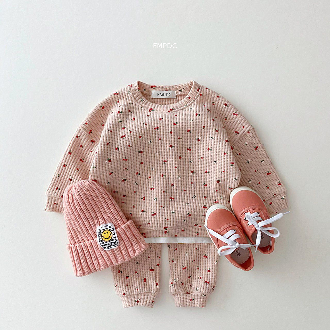 2023 New Toddler Kids Waffle Cotton Clothes Set Many Fruits Print Sweatshirt + Casual Pants 2pcs Boys Suit Baby Girl Outfits