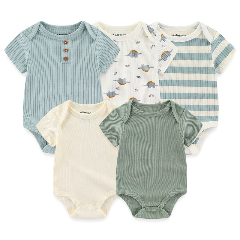 New Born Bodysuits 2023 Unisex 5Pieces Baby Girl Clothes Solid Color Cotton Baby Boy Clothes Set Cartoon Print Summer Bebes