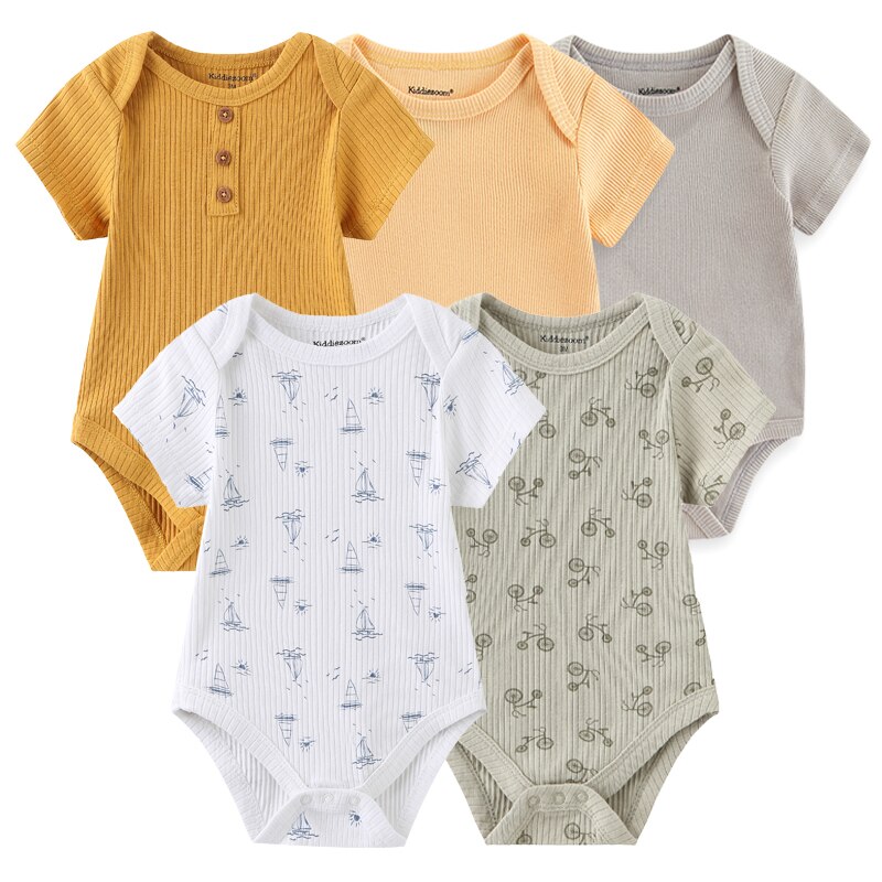 New Born Bodysuits 2023 Unisex 5Pieces Baby Girl Clothes Solid Color Cotton Baby Boy Clothes Set Cartoon Print Summer Bebes