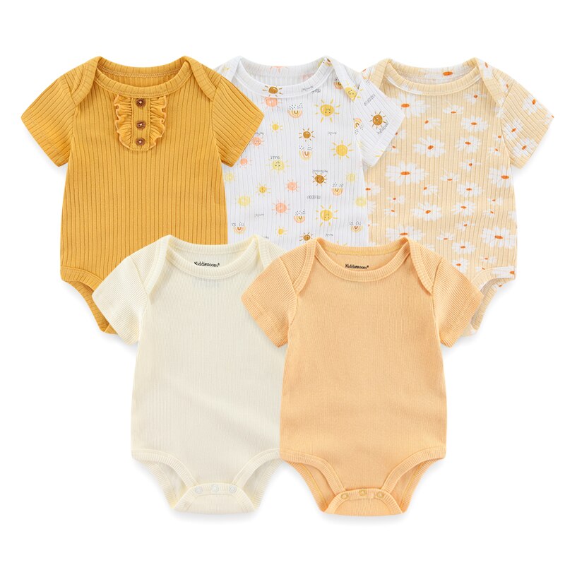 New Born Bodysuits 2023 Unisex 5Pieces Baby Girl Clothes Solid Color Cotton Baby Boy Clothes Set Cartoon Print Summer Bebes