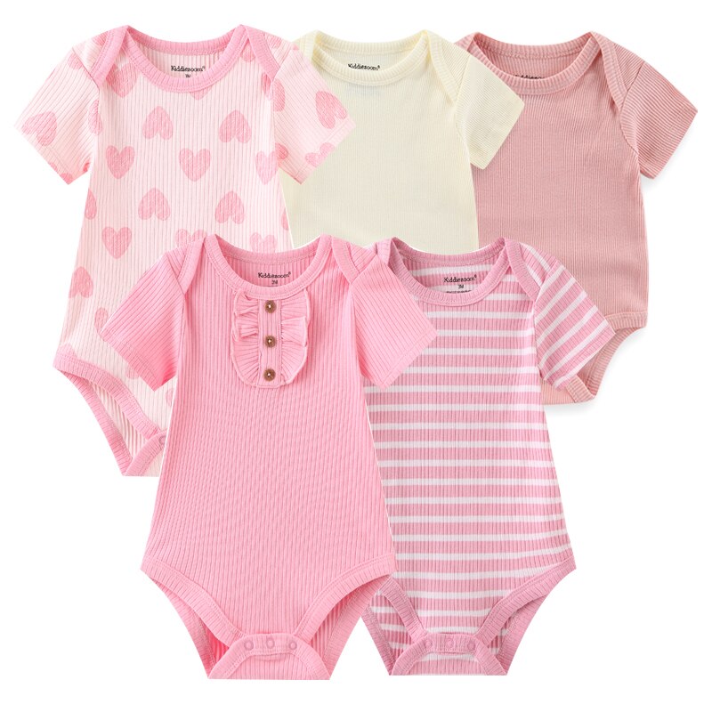 New Born Bodysuits 2023 Unisex 5Pieces Baby Girl Clothes Solid Color Cotton Baby Boy Clothes Set Cartoon Print Summer Bebes