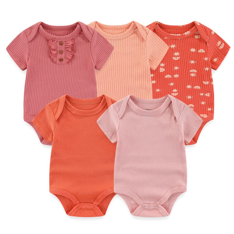 New Born Bodysuits 2023 Unisex 5Pieces Baby Girl Clothes Solid Color Cotton Baby Boy Clothes Set Cartoon Print Summer Bebes