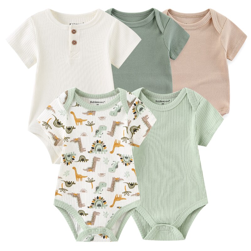 New Born Bodysuits 2023 Unisex 5Pieces Baby Girl Clothes Solid Color Cotton Baby Boy Clothes Set Cartoon Print Summer Bebes