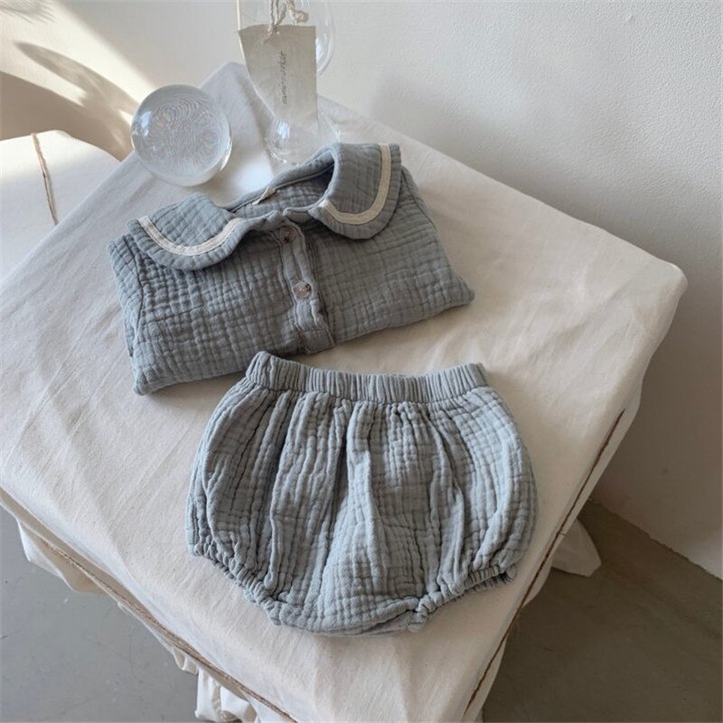 Baby Boy Girl Clothes Set Muslin Spring 0-5Y Baby Organic Cotton Lapel Navy Style Long Sleeve Tops + Shorts Newborn Baby Sets