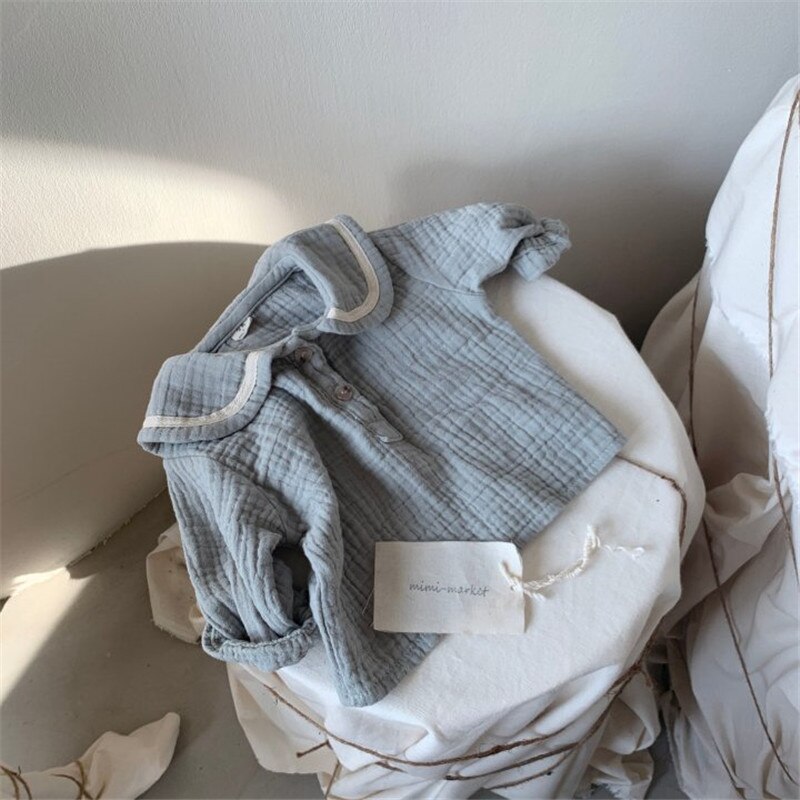Baby Boy Girl Clothes Set Muslin Spring 0-5Y Baby Organic Cotton Lapel Navy Style Long Sleeve Tops + Shorts Newborn Baby Sets
